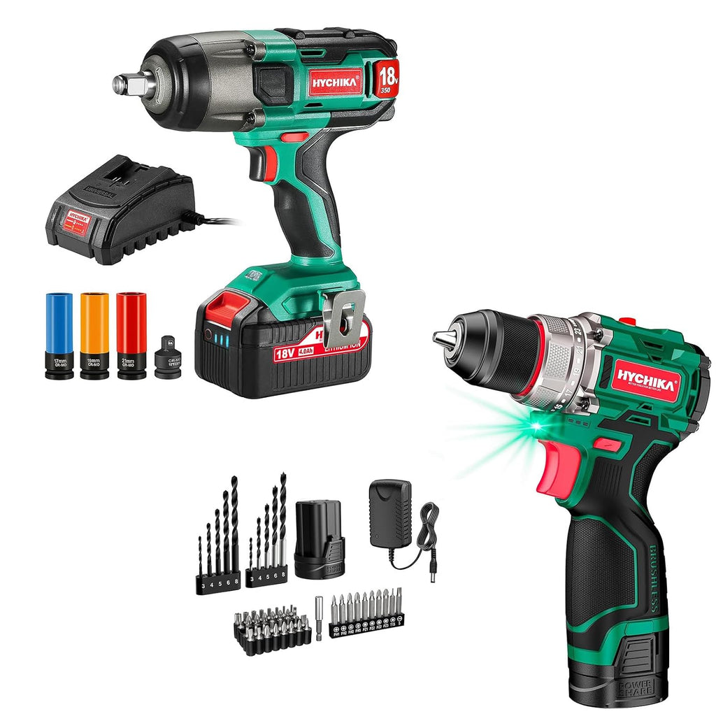 HYCHIKA 18 V Max Cordless Impact Wrench with 1/2 Impact Drivers,True Brushless 16.8V Cordless Compact PowerDrill,2-Tool Power Tool Set Combo Kit