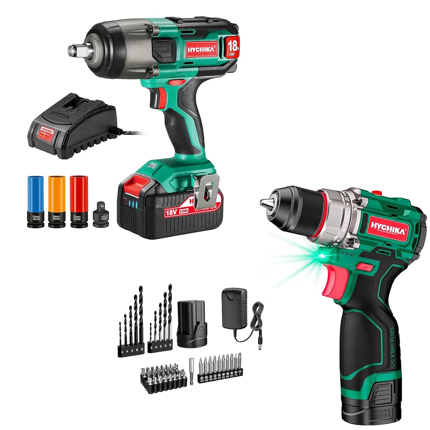 HYCHIKA 18 V Max Cordless Impact Wrench with 1/2 Impact Drivers,True Brushless 16.8V Cordless Compact PowerDrill,2-Tool Power Tool Set Combo Kit