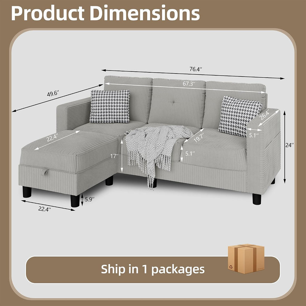 Convertible Sectional Sofa with Storage Ottoman, 77' L-Shaped 3-Seat Couch with Skin-Friendly Corduroy Fabric, Reversible Small Sectional for Small Space, Apartment, Living Room and Office (Grey)