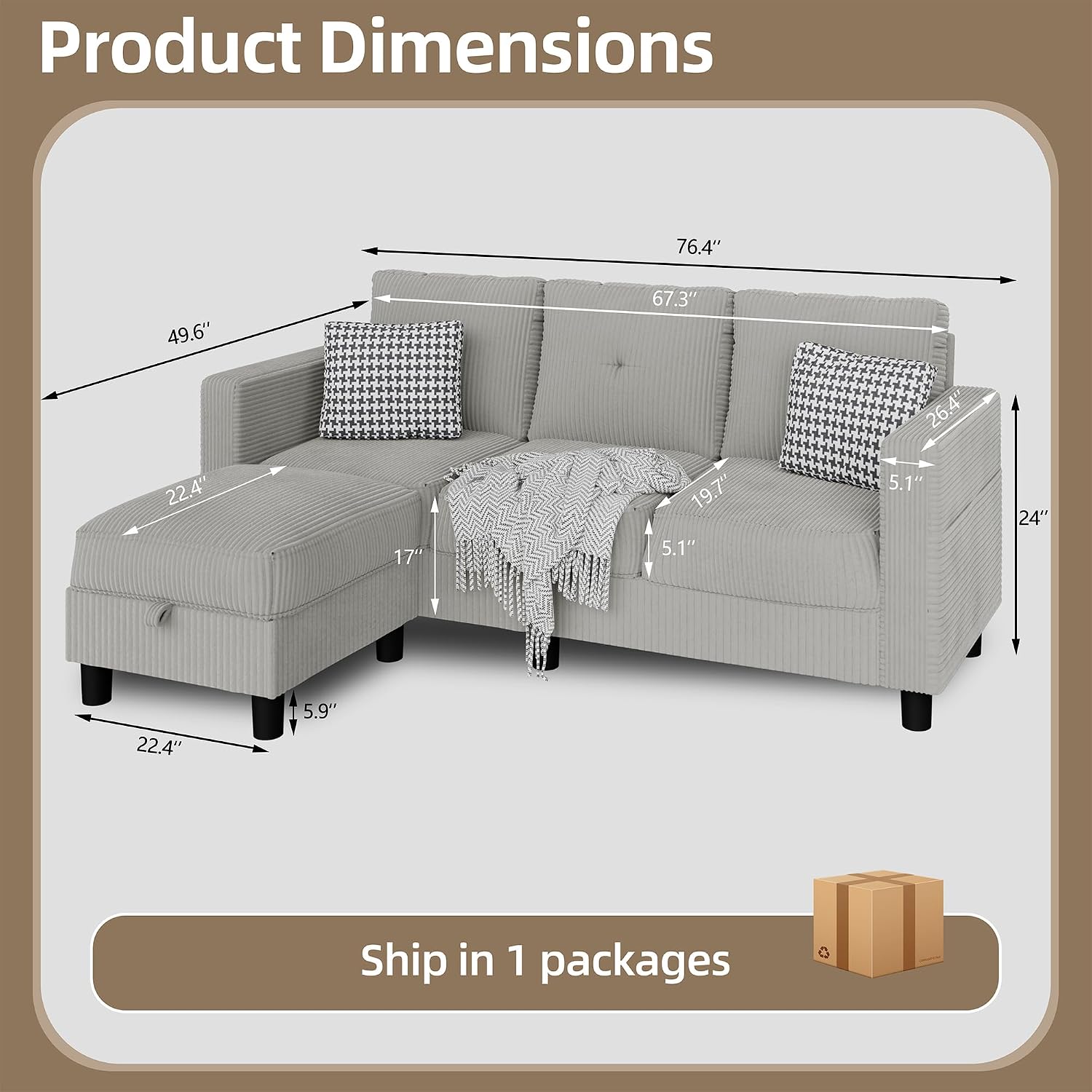 Convertible Sectional Sofa with Storage Ottoman, 77' L-Shaped 3-Seat Couch with Skin-Friendly Corduroy Fabric, Reversible Small Sectional for Small Space, Apartment, Living Room and Office (Grey)