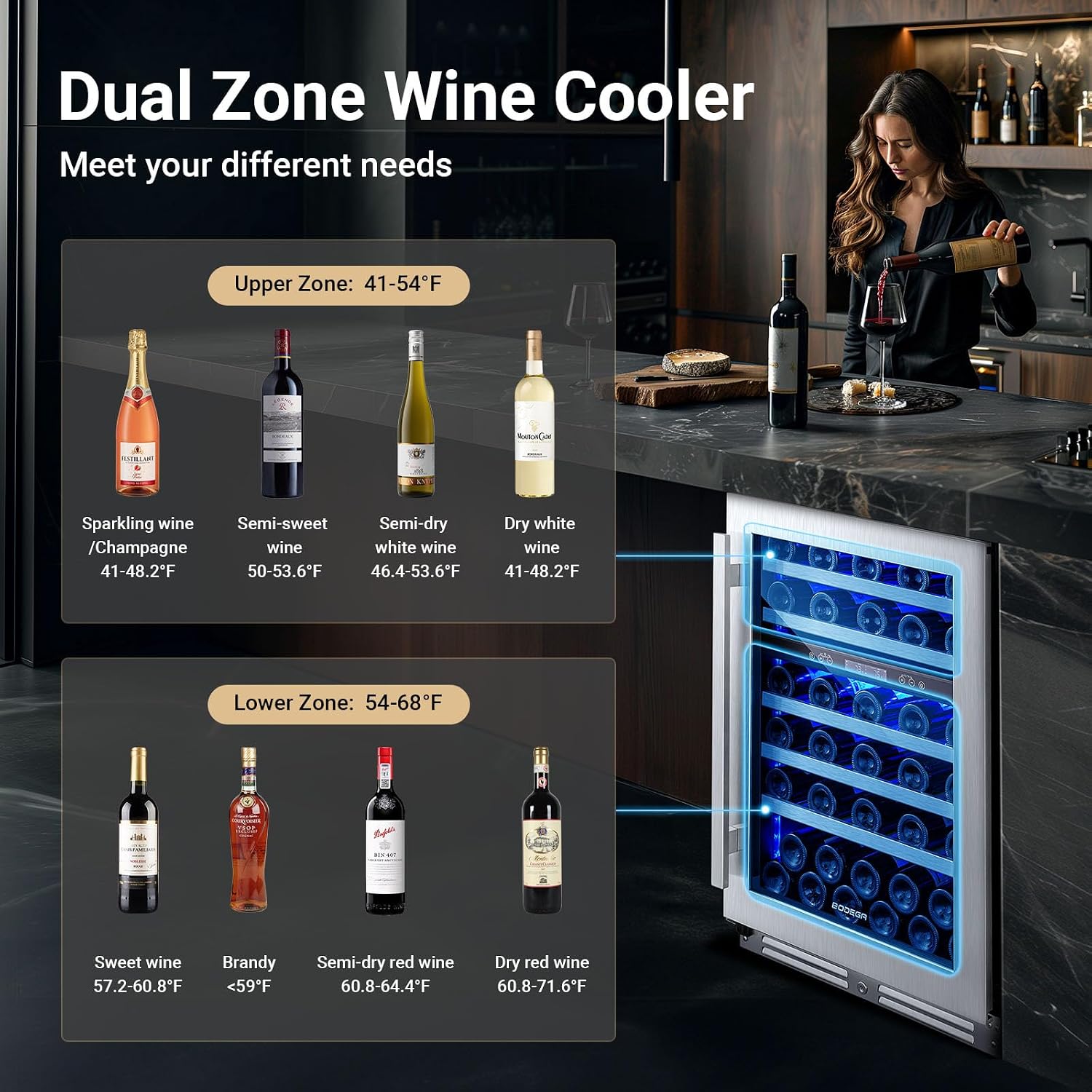 BODEGA 56 Bottle Wine Cooler, 24 Inch Dual Zone Wine Fridge with Double-Layer Glass Door, Wine Cooler Refrigerator with Digital Temperature Control and Temperature Memory, Wine Cooler for Home