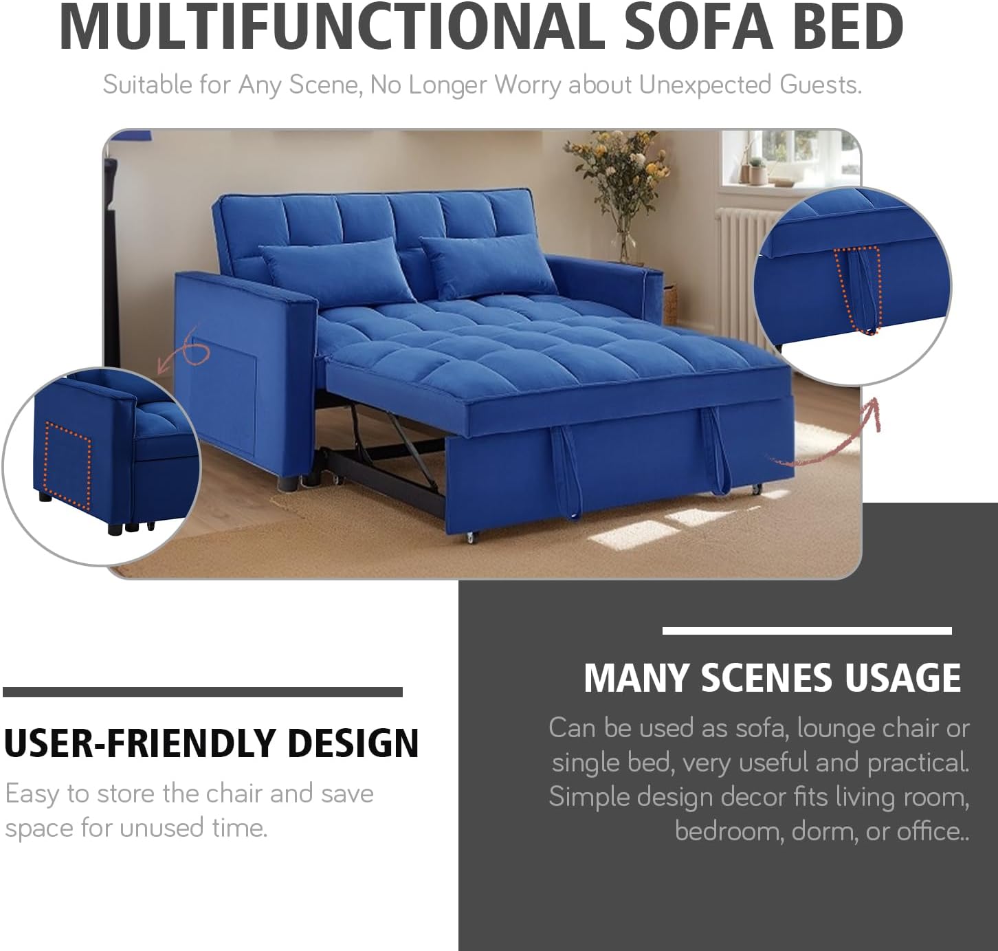 3 in 1 Convertible Sleeper Sofa Bed, 54'' Full Size Velvet Pull Out Futon Couch Recliner with Reclining Backrest & 2 Pillows, Small Loveseat Lounge Couches for Small Spaces (Dark Blue)