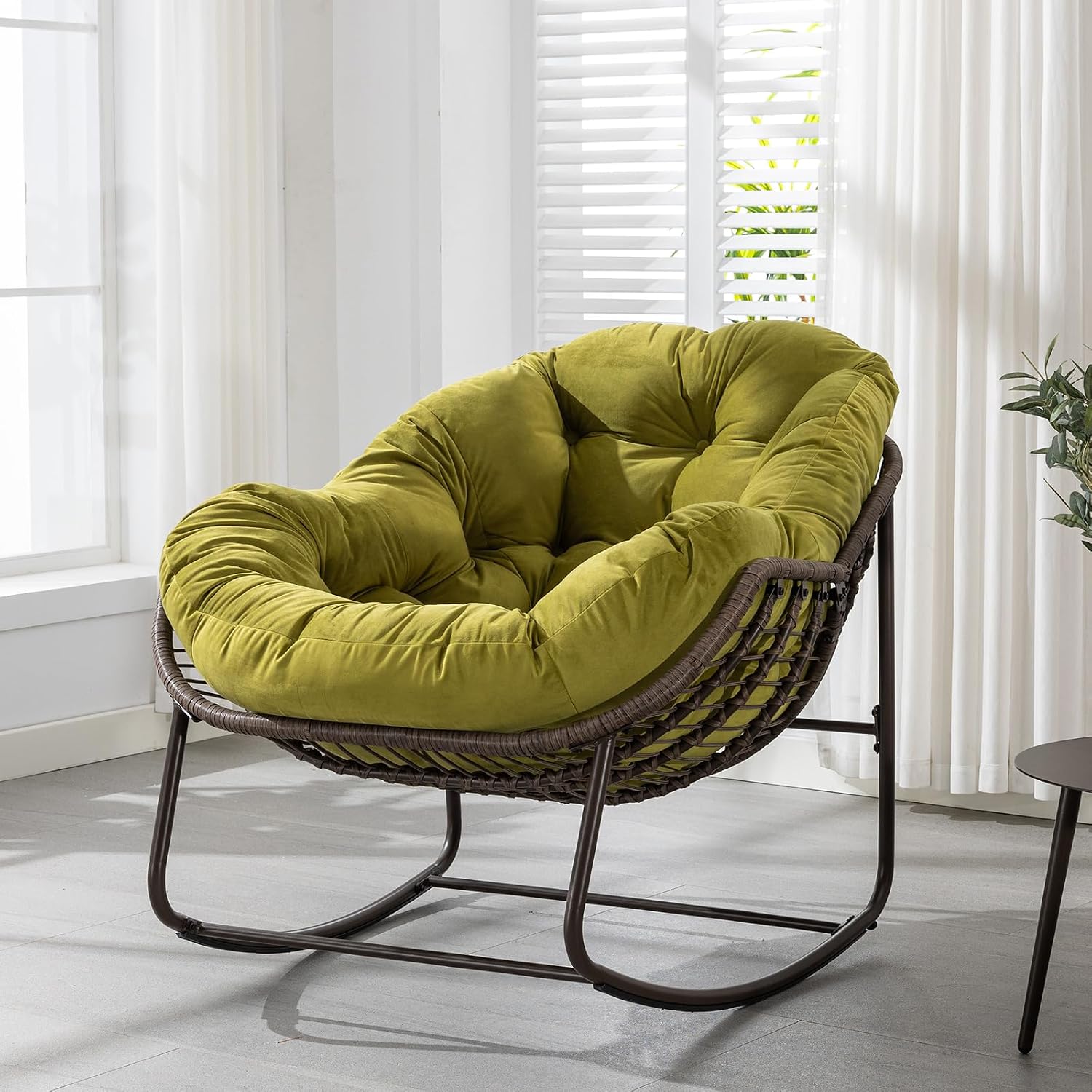 Papasan Rocking Chairs Outdoor Indoor, Oversized Rattan Rocker Patio Chair with Padded Cushion, Comfy Modern Indoor Egg Chair for Living Room, Bedroom, Porch, Garden, Balcony(Velvet, Olive Green)