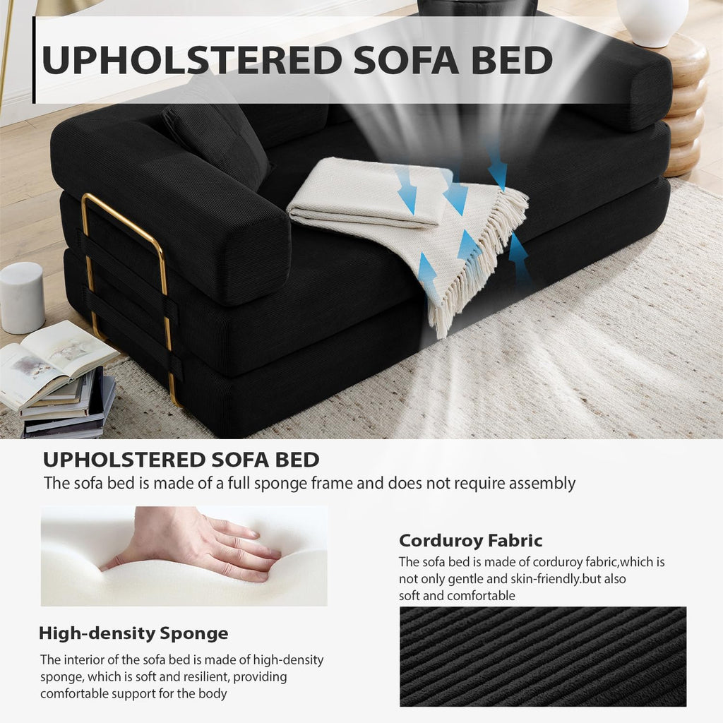 4-in-1 Folding Convertible Sofa Bed, 78 Inch Boneless Couch with Fixed-Shape Frame, Corduroy Loveseat Sleeper with Pull Out Bed, Floor Sofa Modular Futon Couch for Living Room Bedroom Lounge (Black)