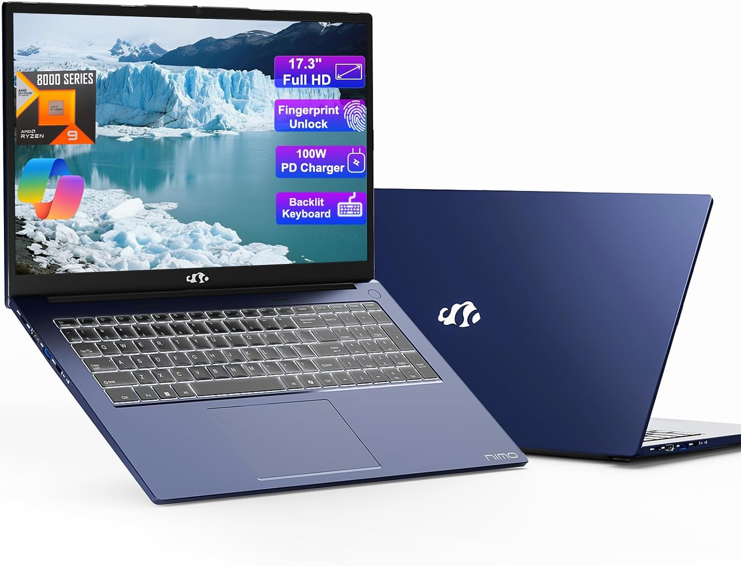 NIMO 17.3' Gaming-Laptop, Ryzen 9 8945HS 32GB RAM 2TB SSD (>i9-13900H) Radeon 780M GPU-Computer with 100W Type-C AI-Enhanced for Copilot VR Ready, Backlit KB Fingerprint Unlock, Student Business