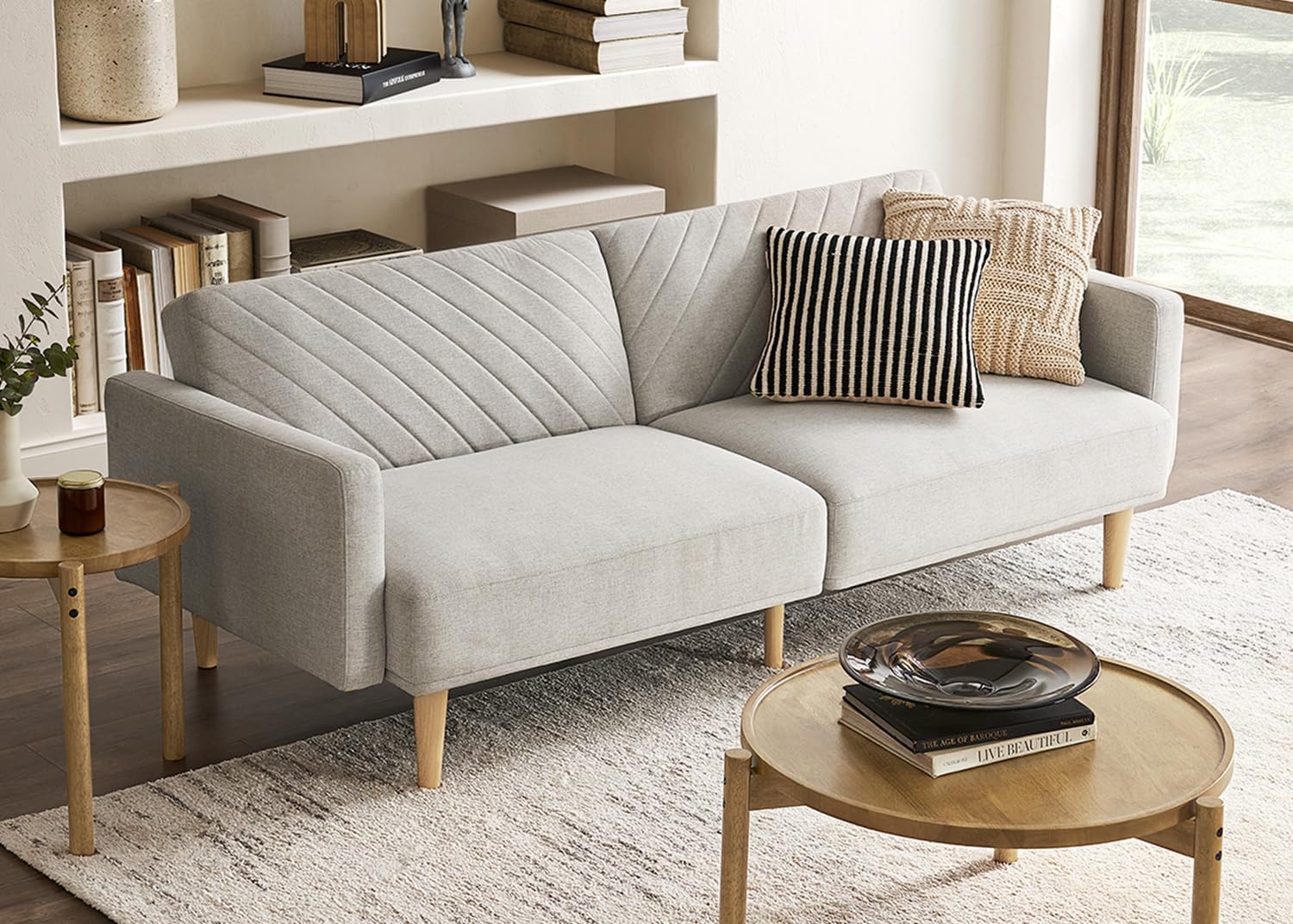 mopio 76.4' Futon Sofa Bed, Couch, Loveseat, Sleeper Sofa, Mid Century Modern Futon Couch, Sofa Cama, Couches for Living Room (Light Gray Fabric)