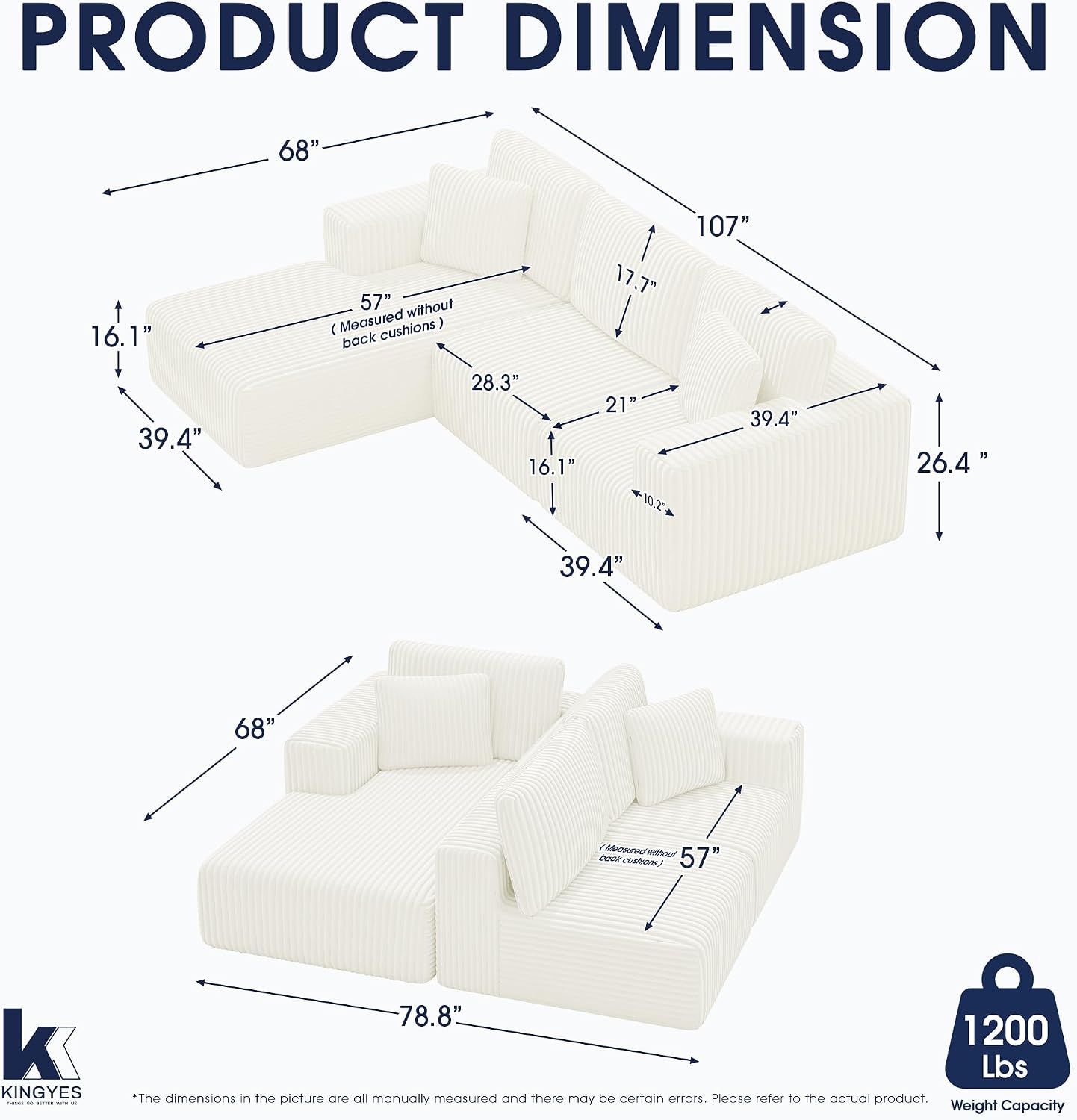 KINGYES 107'' Modular Sectional Sofa, L Shaped Cloud Couch for Living Room, Modern Boneless Sofa with Chaise for Bedroom, Beige