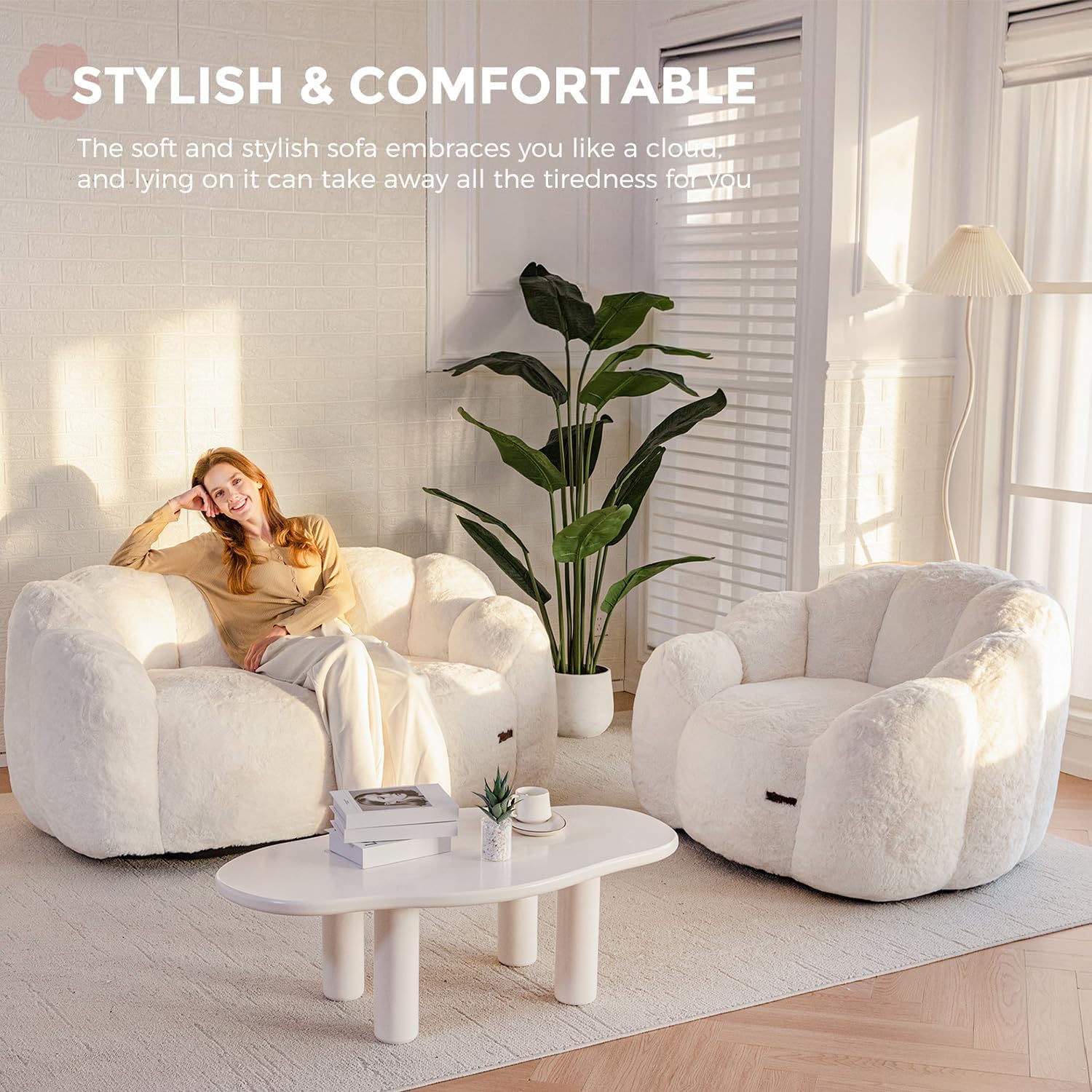 MAXYOYO Bean Bag Chair for Adults, Floral Shaped Bean Bag Sofa, Ultra Soft Faux Fur Floor Sofa, Large Reading Chair for Living Room Bedroom, Beige, Single