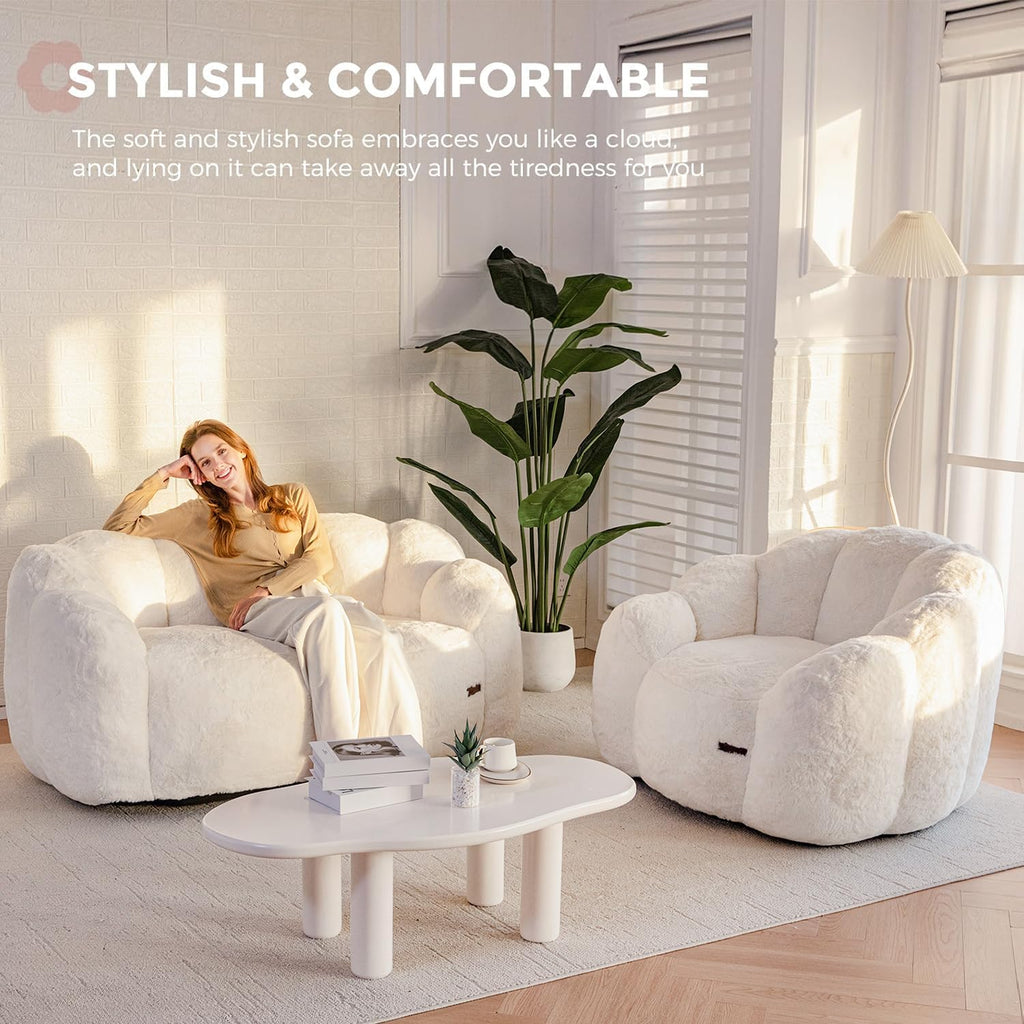 MAXYOYO Bean Bag Chair for Adults, Loveseat Floral Shaped Bean Bag Sofa, Ultra Soft Love Seat Mini Sofa Couch, Faux Fur Reading Chair for Living Room Bedroom, Beige