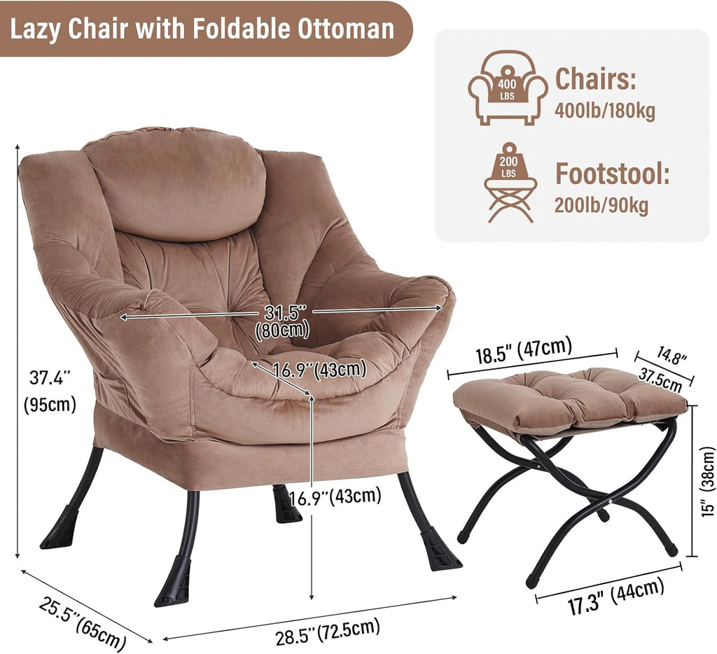 Furlide Lazy Chair with Ottoman, Modern Accent Chair with Armrests and a Side Pocket, Velvet Khaki Accent Chairs, Reading Chairs, Oversized Armchairs for Bedroom, Study, Living Room, Courtyard