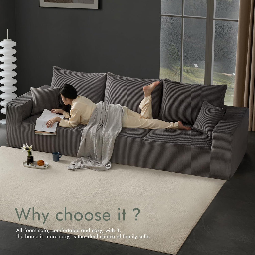 Gericco 113' Modular Sectional Couch, Cloud Boneless Sofa with Deep Seats, Upholstered Corduroy Sleeper Sofa Bed with 3-Seater for Living Room, No Assembly Required, Grey