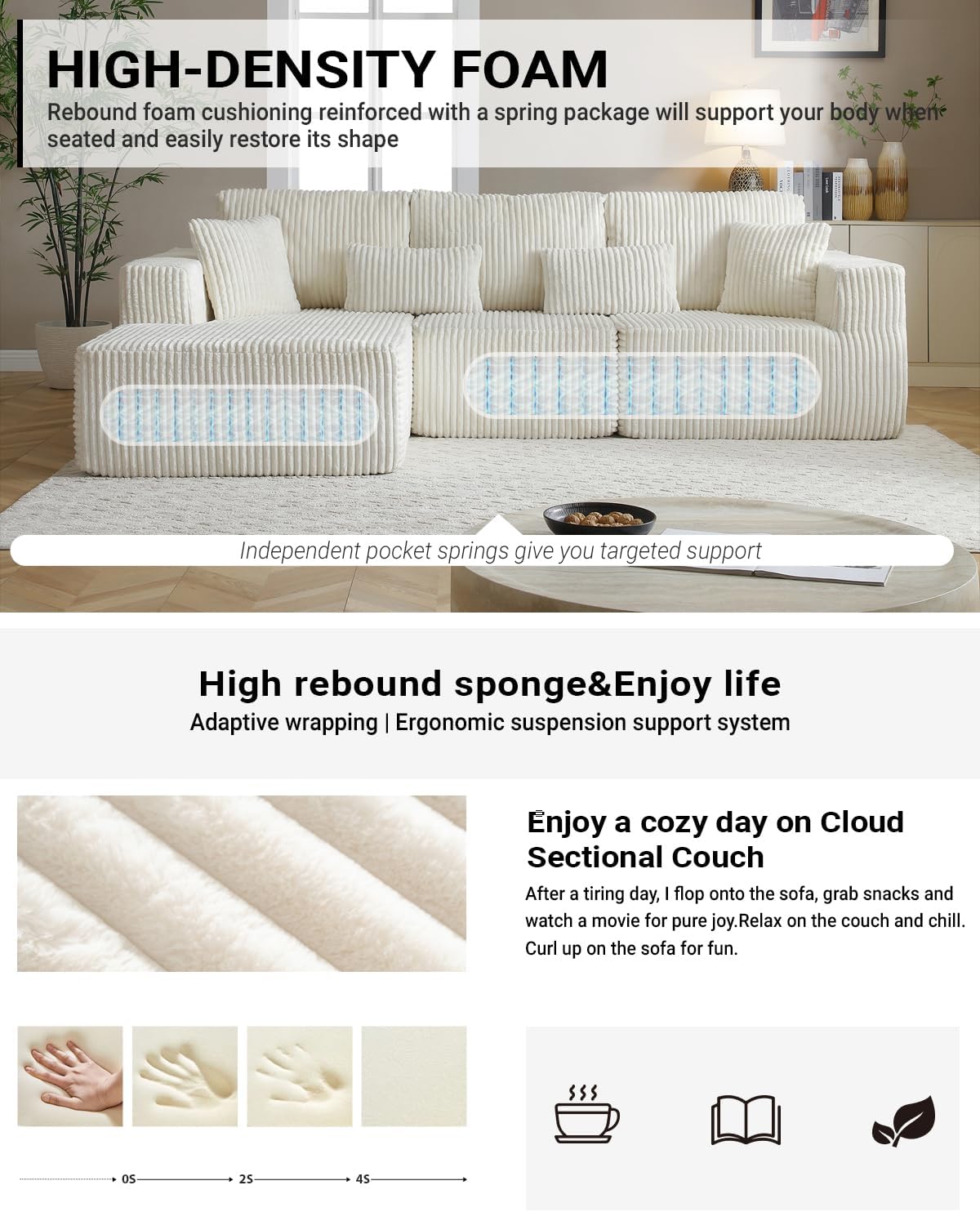 110' Modular Sectional Sofa, Cloud Sectional Couch with Deep Seat, Upholstered Boneless Couches for Living Room, Modern Modular L-Shape Sofa Couch with Chaise (Beige, 110' Right Facing Chaise)
