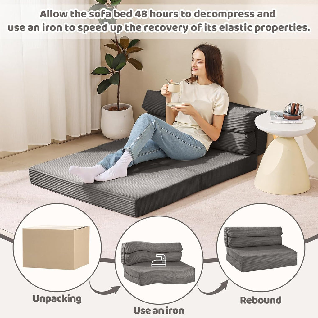 JUIKURY Folding Sofa Bed, Convertible Sleeper Chair with Pilow Foldable Matress, 2 in 1 Pull Out Loveseat Sofa Portable Fold Out Chair Bed Floor Couch Lounge for Living Room Bedroom (Grey, Full)