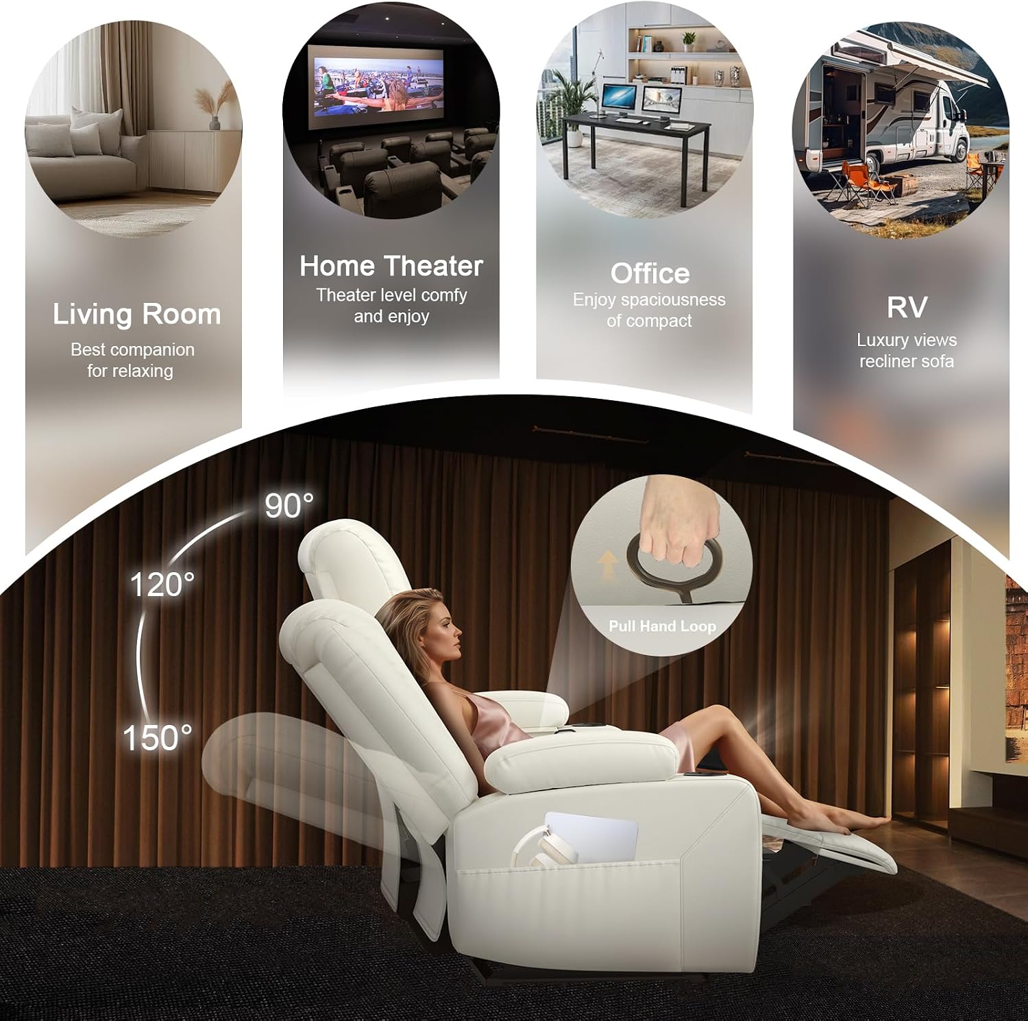 Recliner Sofa 3 Seater Sofa with Recliner, Home Theater Seating with Liftable Console & Removable Armrest, Manual PU Leather Reclining Couch with Cup Holders & USB Ports for Living Room/RV (PU,White)