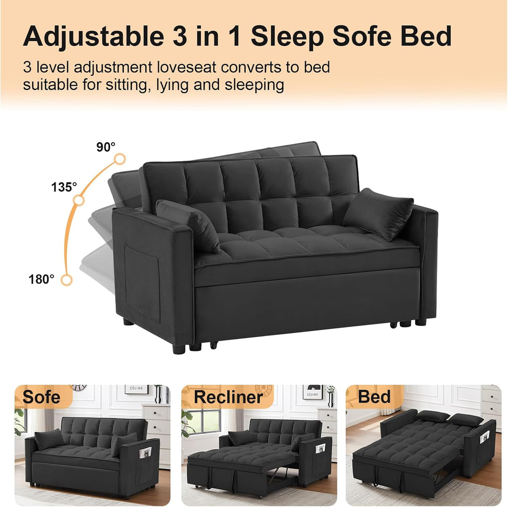 CAPCAEK 3 in 1 Convertible Sleeper Sofa Bed, Modern Velvet Loveseat Pull-Out Couch w/Pullout Bed, Small Love Seat Lounge Sofa w/Reclining Backrest,Toss Pillows, Pockets, for Living Room(Black, 55.1)