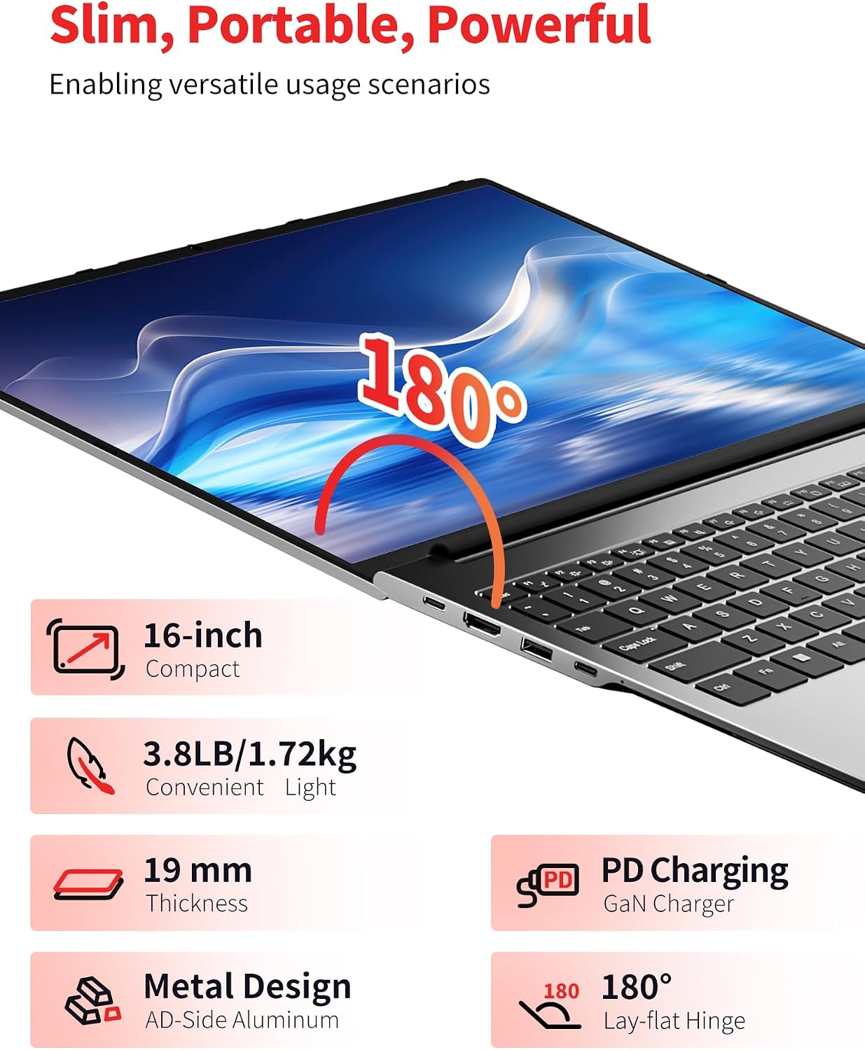 Laptop Computer Ultrabook, 16in Quad HD, 4.9GHz AMD Ryzen H 255, Radeon 780M Graphics, DDR5 5600MHz RAM, M.2 PCIe SSD, TF Card Slot, Portable Gaming/School/Business Notebook Computer【U6B】
