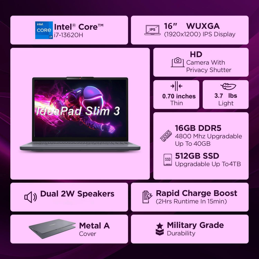 Lenovo Laptop Computer for Home Office & Education, Intel i7-13620H, 16GB DDR5, 1TB SSD (2026 Edition), with Office 365, 16', Long Battery Life & Portable Design, Copilot AI, Windows 11 Home, Gray