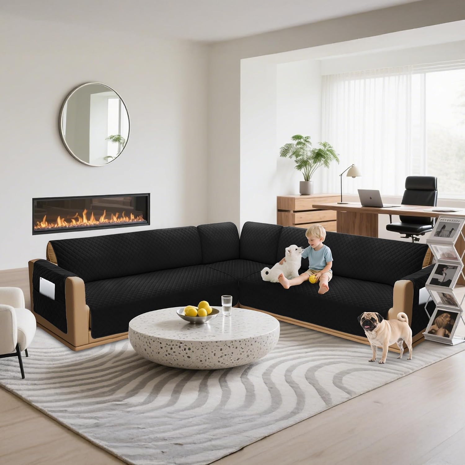 Sectional Couch Covers for Dogs 100% Waterproof Corner L Shaped Sofa Cover Pet Friendly Velvet Washable Anti Slip L Shape Modular Sofa Slipcover Protector with Pockets (Black, Large)