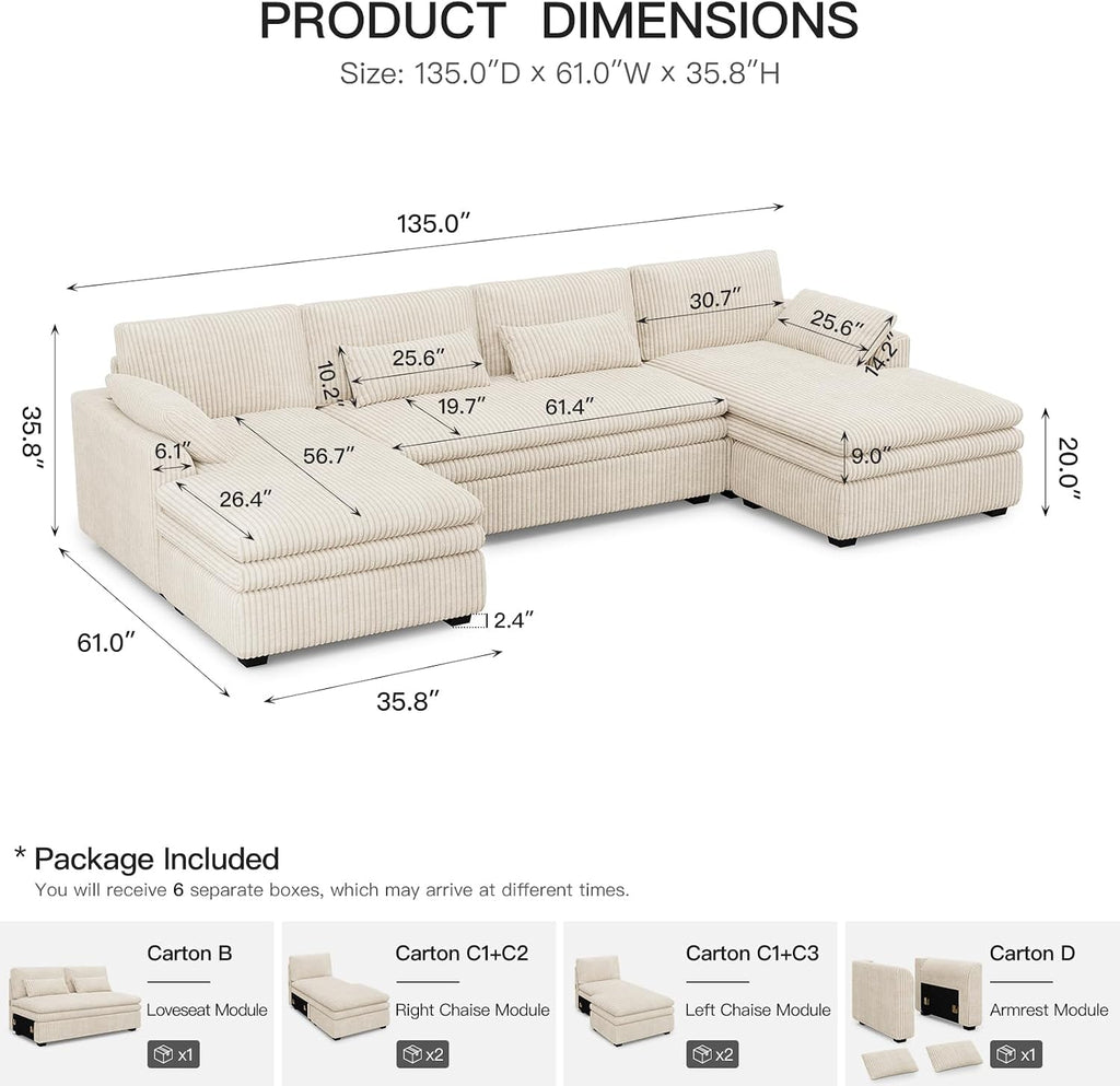 Belffin Large Modular Sectional Sofa with Double Deep Chaise, 135' Corduroy U Shaped Sectional Couch with 9' Soft Dual-Layer 6 Seats U Shaped Couch for Living Room, Apartment, Beige