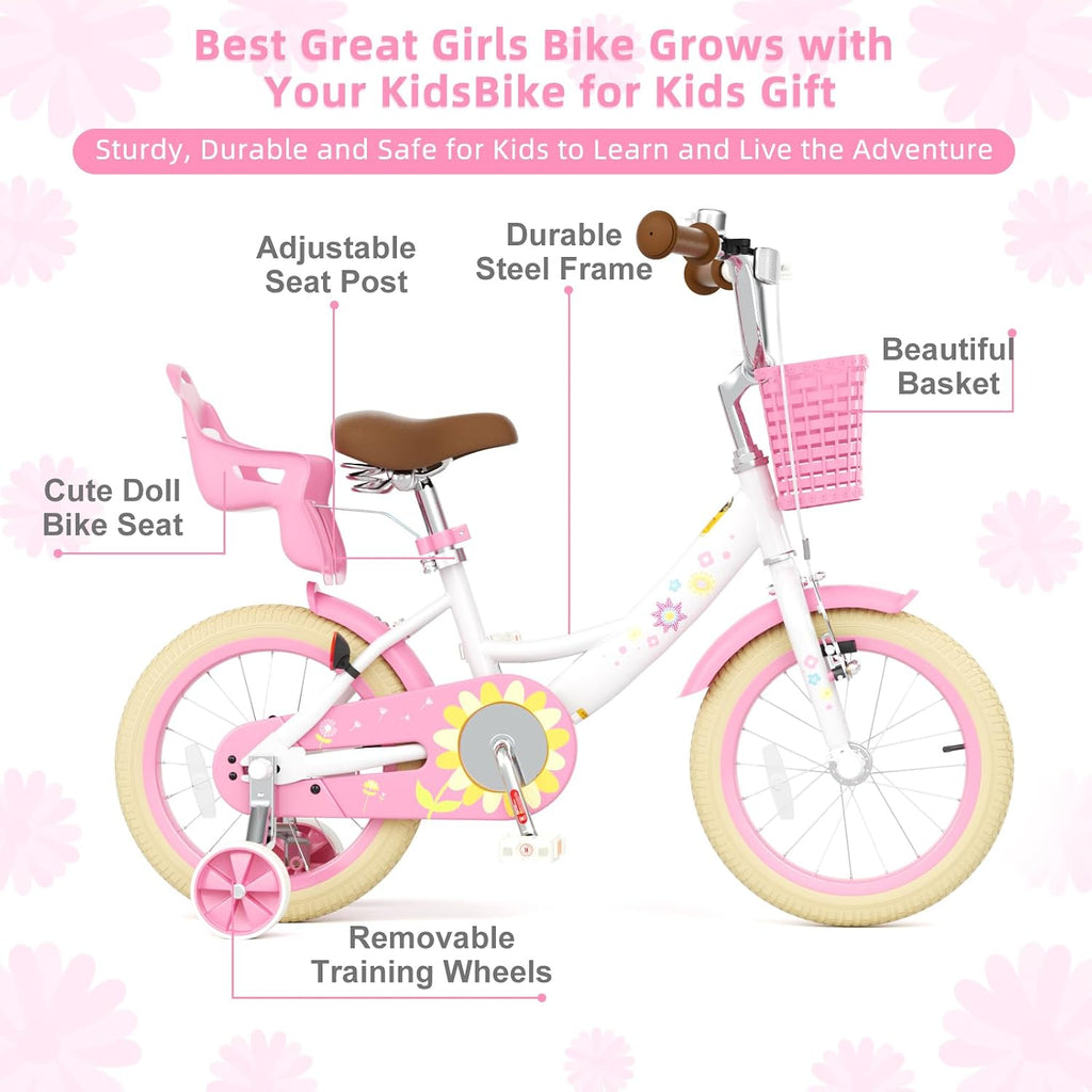 Glaf Toddler Bike 12 14 16 20 Inch Girls Bike with Training Wheels Kids Bike for 2-12 Year Old with Doll Seat & Basket