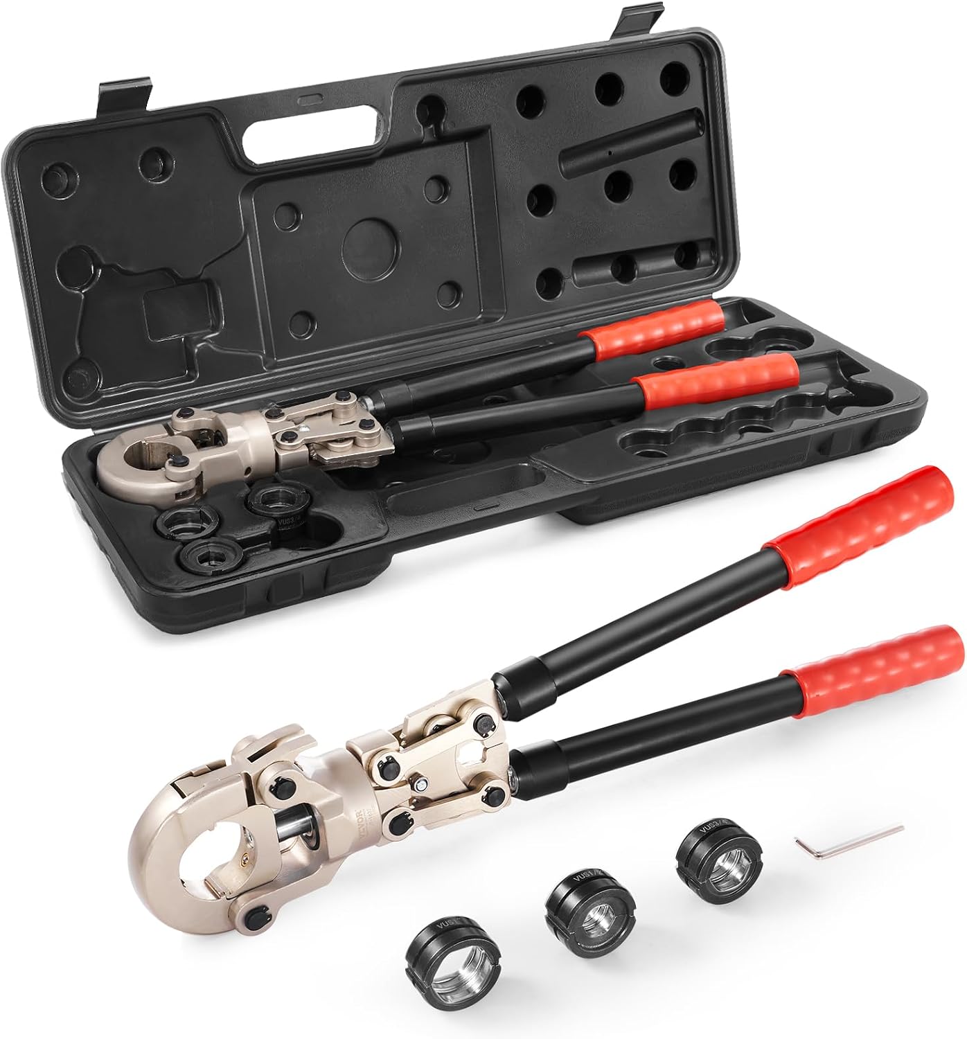 VEVOR Copper Press Tool Tube Fittings Crimping Kit, 360° Rotatable Press Crimper Tool with 1/2', 3/4', 1' Quick Change Jaws, Locking Pin & Extendable Handle, Meet ASTM B88 and B75 Standard