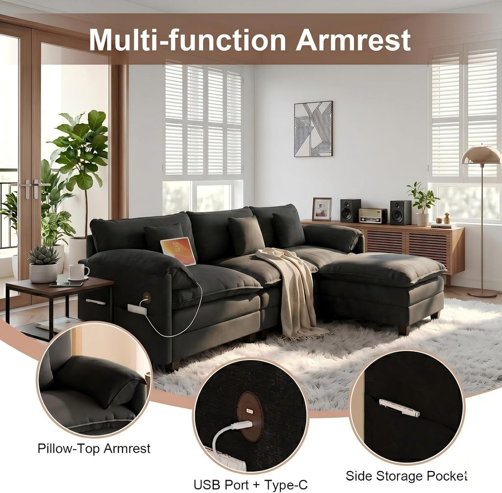 KCGKCG Modular Sectional Sofa, 108' Comfy Cloud Couch with Movable Ottoman | Charging Station | Side Pocket | Throw Pillow, Modern L-Shaped Couches for Living Room, Chenille, Classic Black