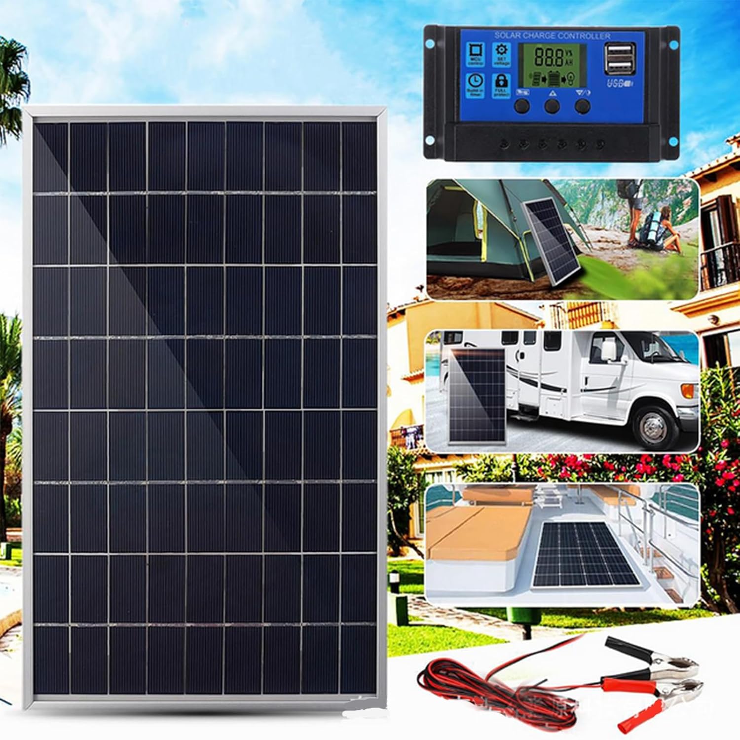 300W Solar Panel Kit, Complete 12V Polycrystalline USB Power Portable Outdoor Rechargeable Solar Cell Solar Generator for Home