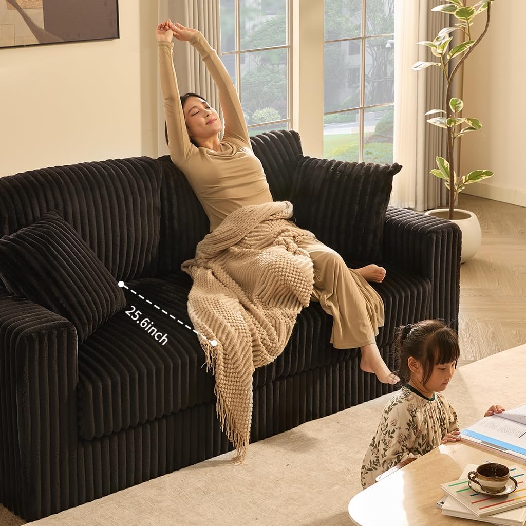 Cloud Couch Queen Sofa 80' 2-Seater Sofa(Not Boneless), Set of Modern Corduroy Loveseat with Deep Seats, High Backrest & Pocket Spring Cushions, Comfy Upholstered Couch for Living Room, Black