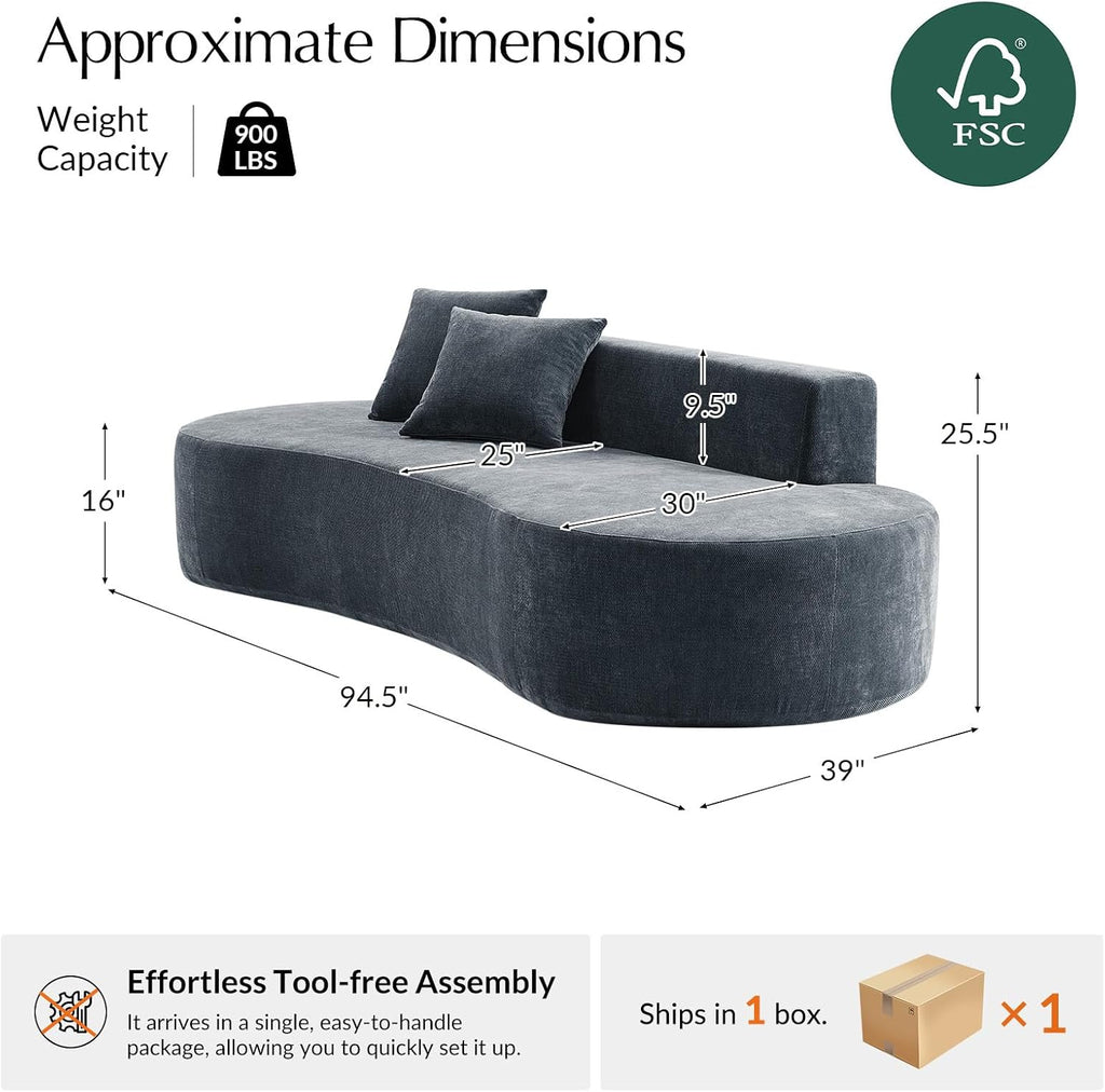 HULALA HOME 94.5' Curved Boneless Couch with Two Pillows, Oversized 3 Seater Compressed Foam Sofa with Deep Seat, Modern Cloud Couch for Living Room, No Assembly Required, Blue