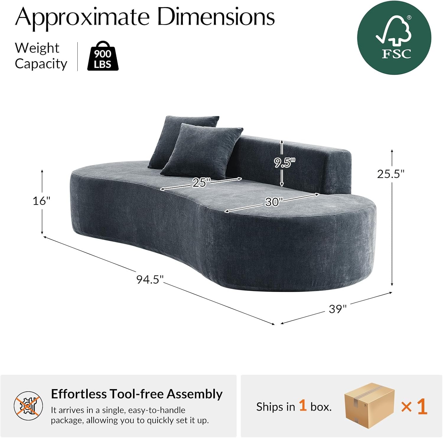 HULALA HOME 94.5' Curved Boneless Couch with Two Pillows, Oversized 3 Seater Compressed Foam Sofa with Deep Seat, Modern Cloud Couch for Living Room, No Assembly Required, Blue
