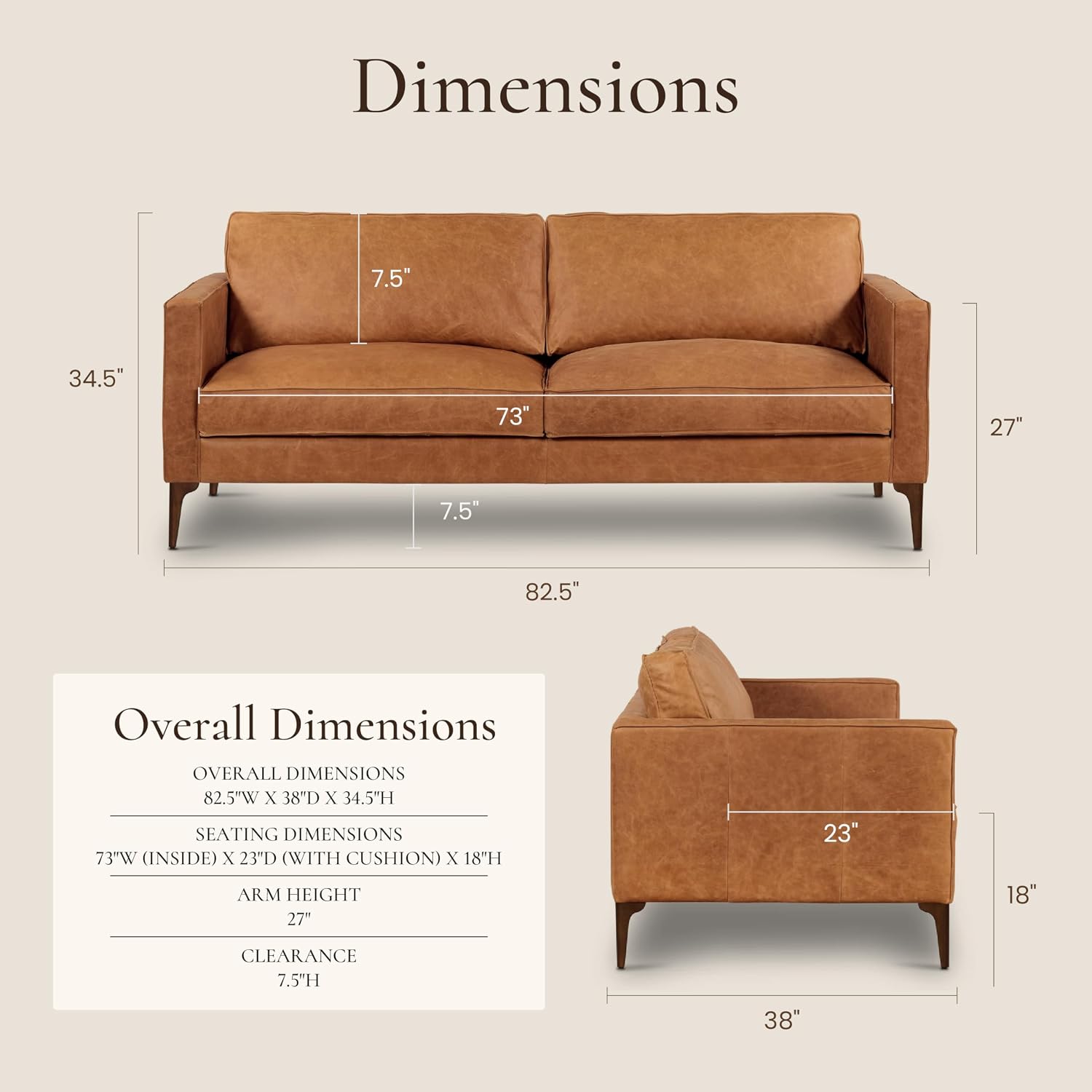 Poly & BARK Mateo 82' Sofa – Cognac Tan Full-Grain Pure-Aniline Italian Leather, Feather-Down Cushions, Solid Wood Frame & Walnut Legs