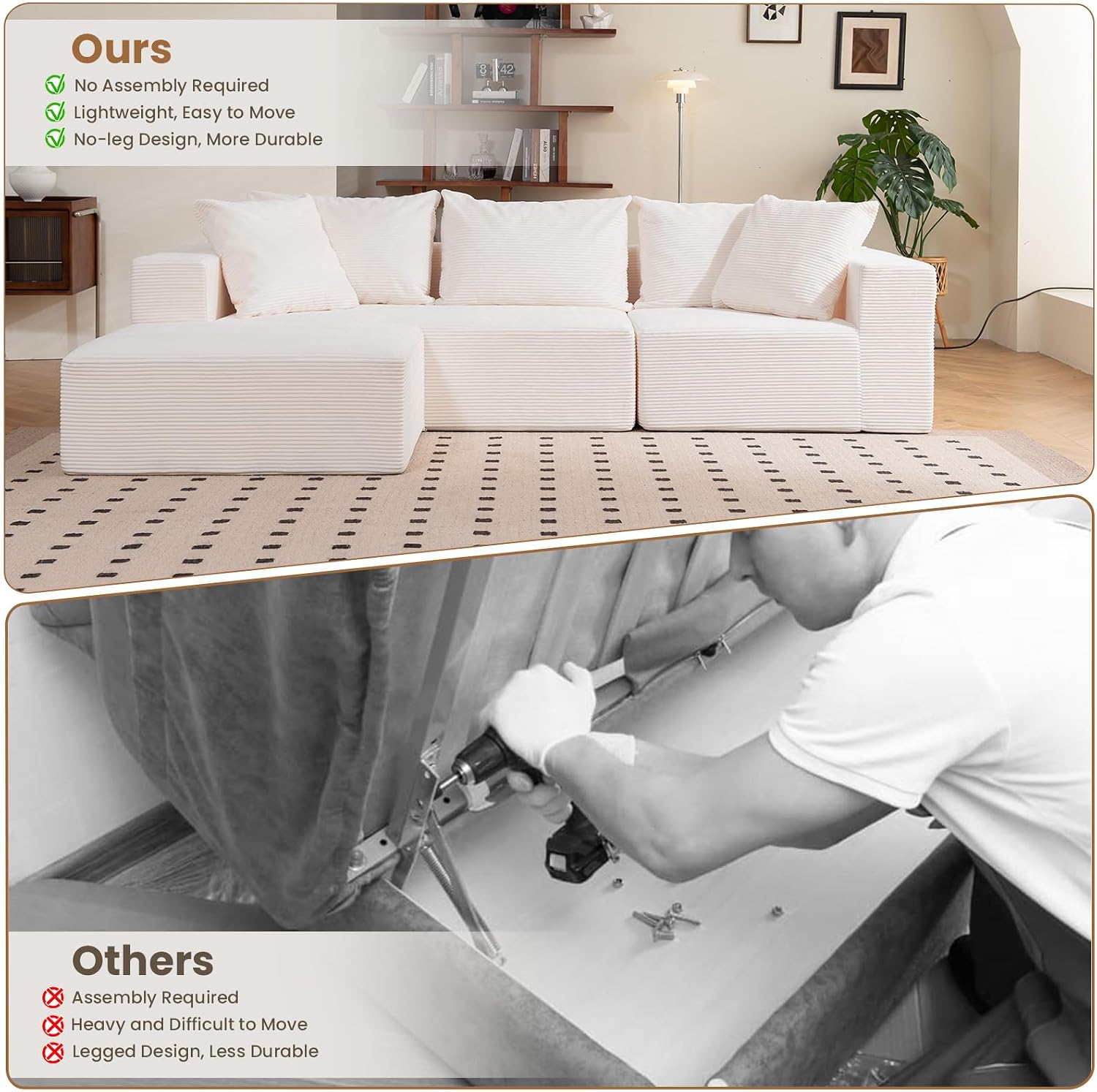 108' L-Shaped Boneless Couch, Modular Sectional Sofa with Moveable Ottoman, Corduroy Cloud Couches for Living Room, No Assembly, Ship in a Box, Beige