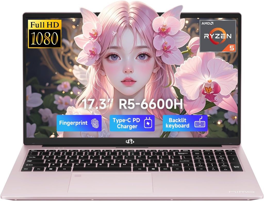 NIMO 17.3' IPS FHD-Gaming-Laptop, AMD Ryzen 5 6600H 6 Cores 16GB DDR5 RAM 1TB SSD (Beat i7-1165G7, Up to 4.5GHz) Radeon 660M GPU-Computer with 100W Type-C Backlit Keyboard Fingerprint Win 11