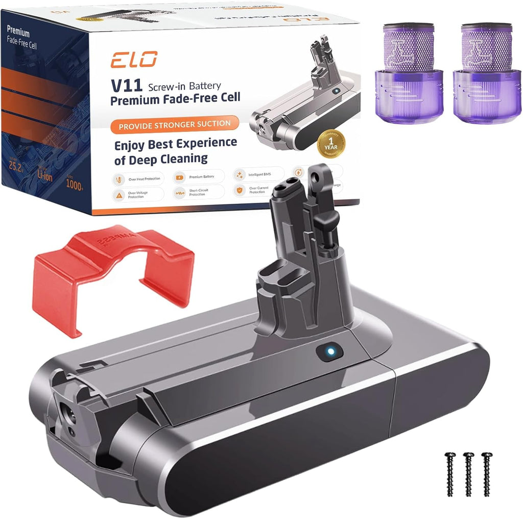 ELO Dyson V11 Screw-in Replacement Battery 5000mAh for Animal, Absolute, Pro, Torque Drive, SV14, 25.2V, UL Certified, 95min ECO, Part 970145-06, 2 Filters + Clip + Screws