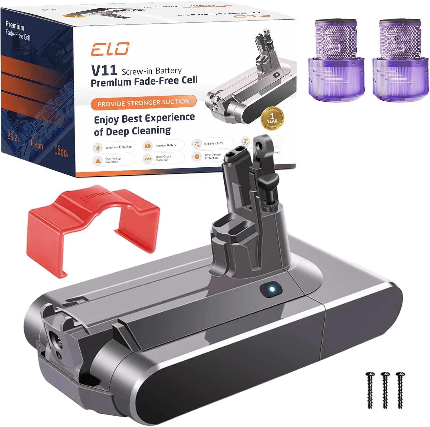 ELO Dyson V11 Screw-in Replacement Battery 5000mAh for Animal, Absolute, Pro, Torque Drive, SV14, 25.2V, UL Certified, 95min ECO, Part 970145-06, 2 Filters + Clip + Screws