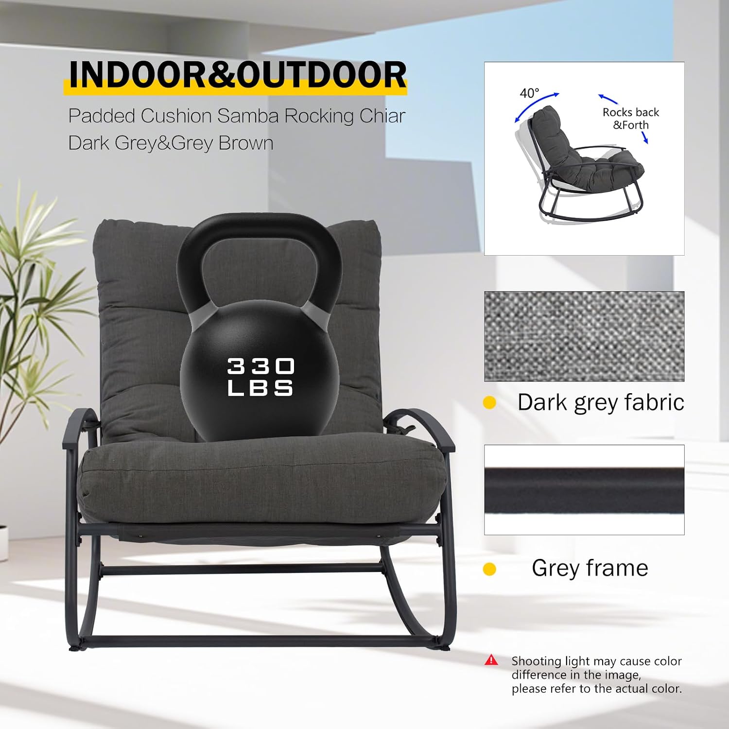 GLORY PATIO Rocking Chair for Patio and Indoor Use - Heavy-Duty Outdoor Rocking Chair with Thick Cushion, 40° Ergonomic Sway, Modern Metal Rocker for Garden, Porch, Living Room (Dark Grey)