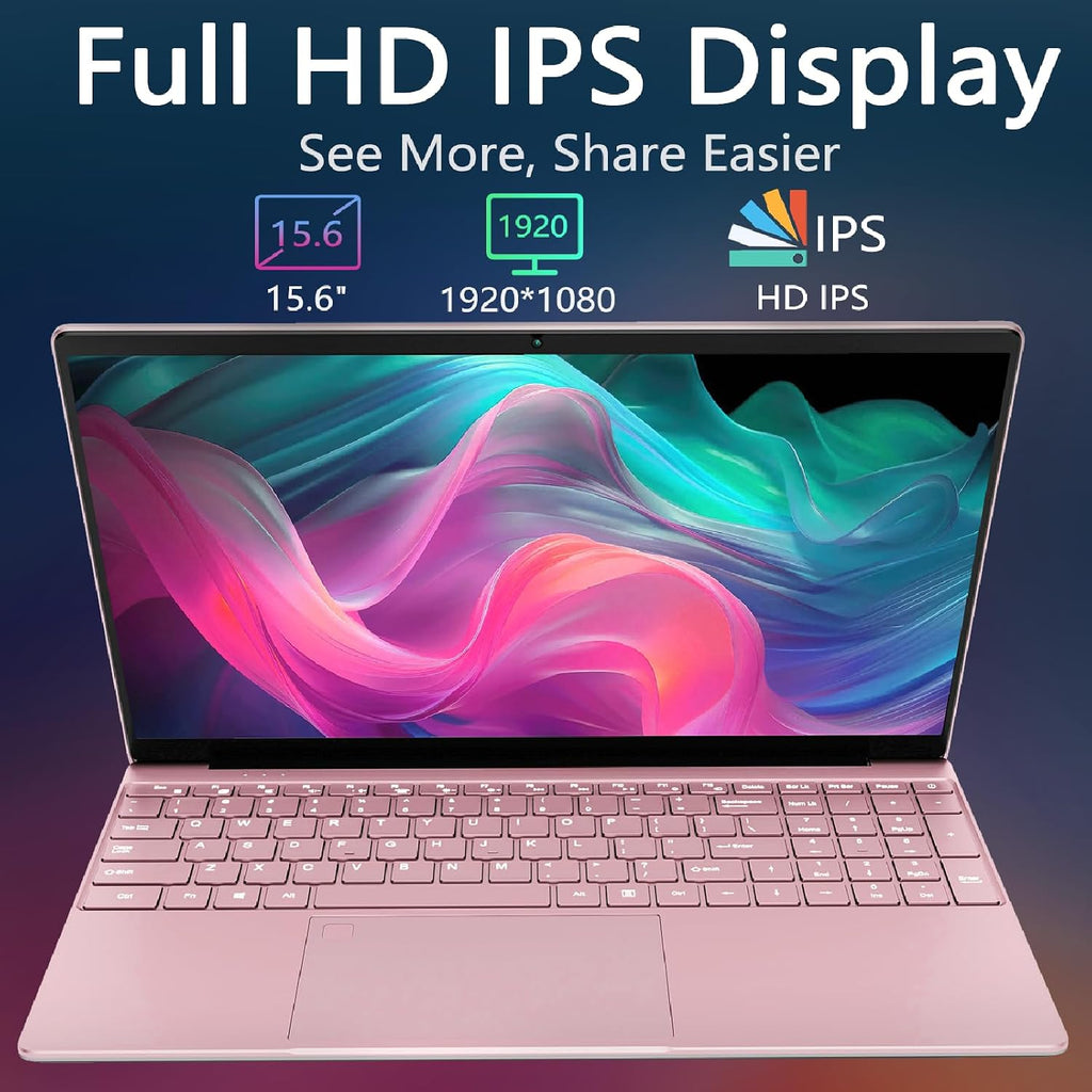 15.6 Inch Laptop, N95 Processor (4C4T, 1.7-3.4GHz), 8GB RAM, 512GB PCIe SSD, Backlit Keyboard, Fingerprint Unlock, FHD IPS Display, 8000mAh Battery, Win11Pro Computer – for Work & Study (Rose Gold)