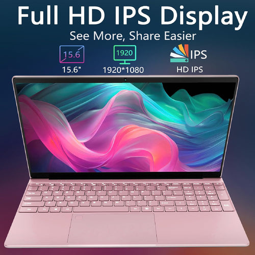 15.6 Inch Laptop, N95 Processor (4C4T, 1.7-3.4GHz), 8GB RAM, 512GB PCIe SSD, Backlit Keyboard, Fingerprint Unlock, FHD IPS Display, 8000mAh Battery, Win11Pro Computer – for Work & Study (Rose Gold)
