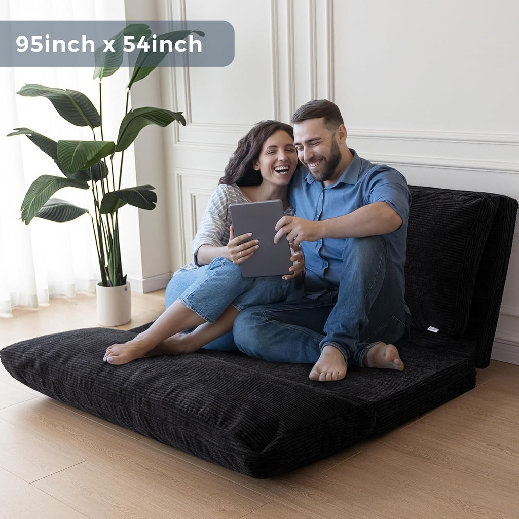 MAXYOYO Folding Sofa Bed, Extra Thick and Long Floor Sofa Convertible Sleeper Chair with Washable Cover, Floor Couch Lounge Bean Bag Bed for Living Room, Black, 54x95 Inch