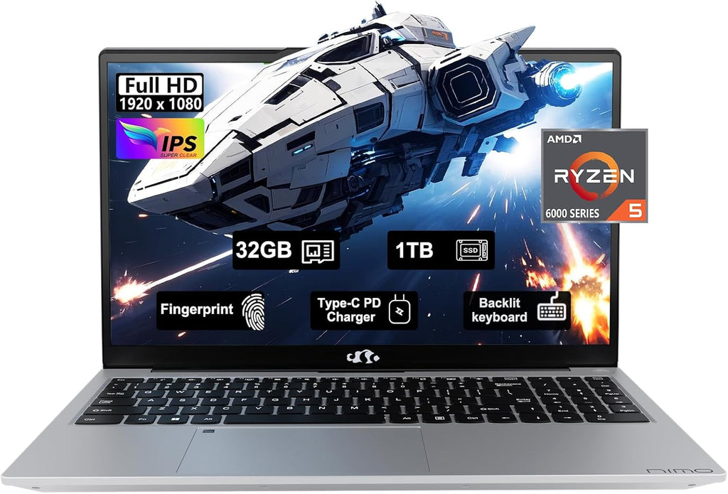 15.6 Business-gaming-Laptop, 6-Cores AMD Ryzen 5 6600H 660M 6nm GPU, 32GB DDR5 1TB SSD(Beat i5-12450H up to 4.5GHz)100W Type-C FHD IPS Laptop-Computer with Fingerprint Backlit Keyboard WiFi5 Win11