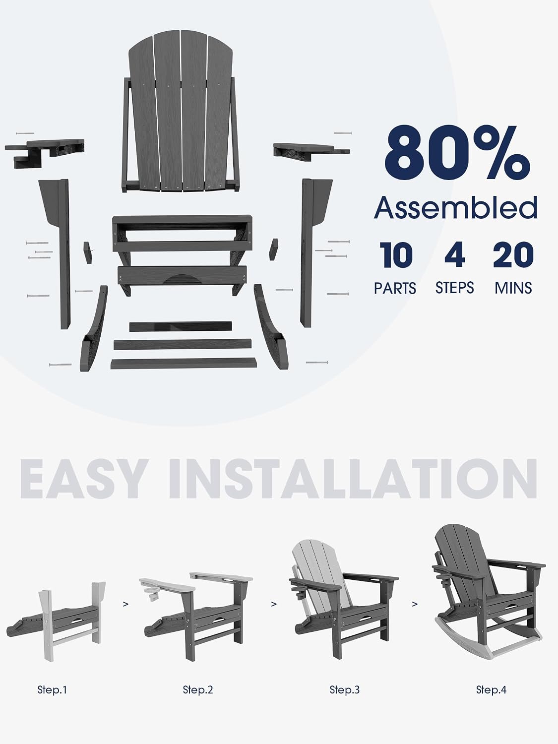 KINGYES Adirondack Rocking Chair Set of 2 with Retractable Ottoman and Cup Holders, HDPE Adirondack Rocker Patio Rocking Chair for Porch, Patio, Balcony, Leaden Grey