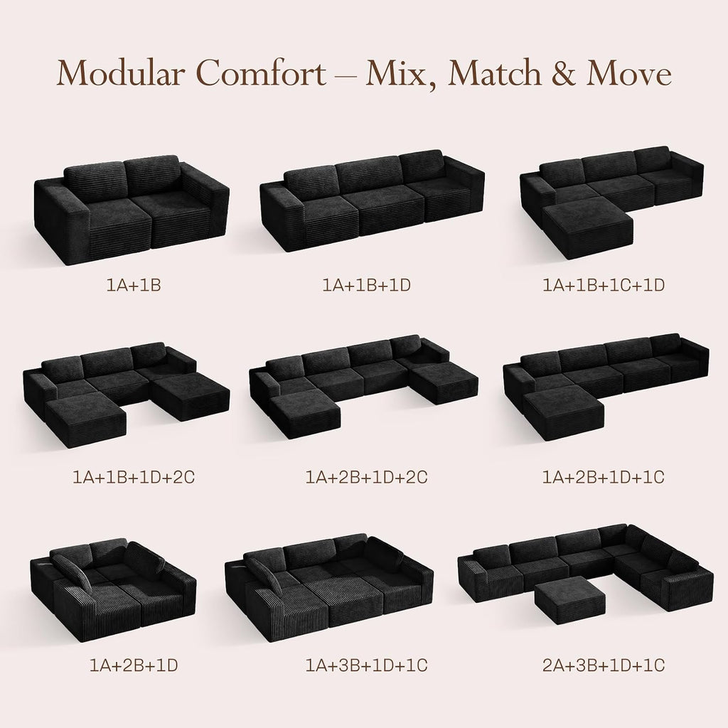Vesgantti 119' L-Shaped Modular Sectional Sofa, Corduroy Cloud Couch with Deep Seating & Spring Support, Flexible Layout Sofa with Ottoman, Boneless Style, No Assembly Required, Black