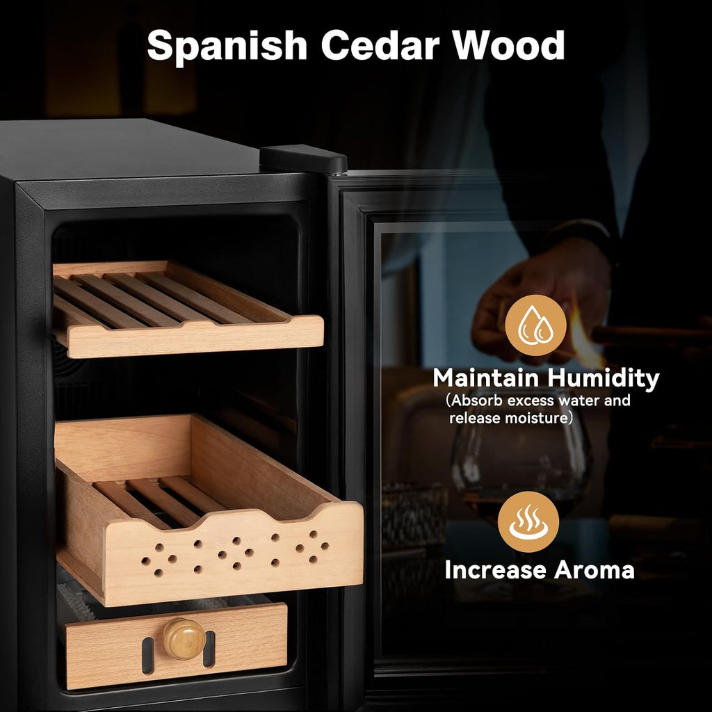 Electric Cooler Cabinet 25L with Temperature and Humidity Control, Spanish Cedar Wood Shelves and Safety Lock (200 Counts Capacity), Gift for Men