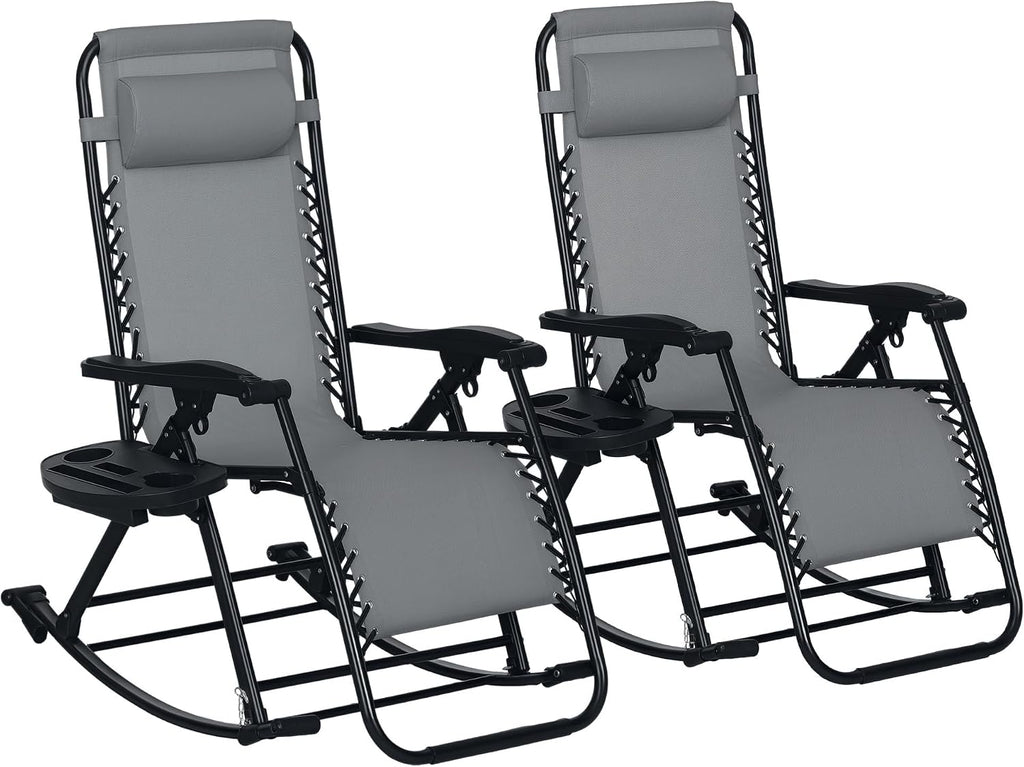 Outsunny Set of 2 Outdoor Rocking Chairs, Foldable Reclining Zero Gravity Lounge Rocker with Pillow, Cup & Phone Holder, Combo Design with Folding Legs, Gray