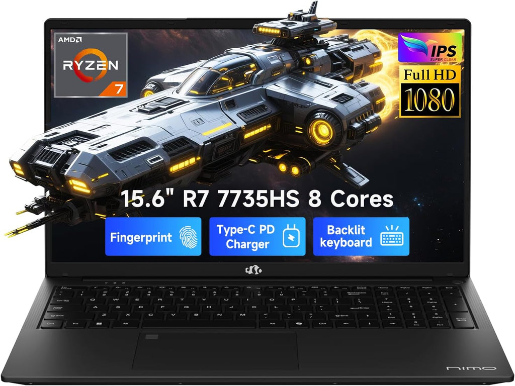 NIMO 15.6' IPS FHD Gaming-Laptop, AMD 8 Core Ryzen 7 7735HS 16GB DDR5 RAM 512GB SSD (Beats i7-12650H, Up to 4.75GHz) Computer with Radeon 680M 100W Type-C Backlit Keyboard Fingerprint