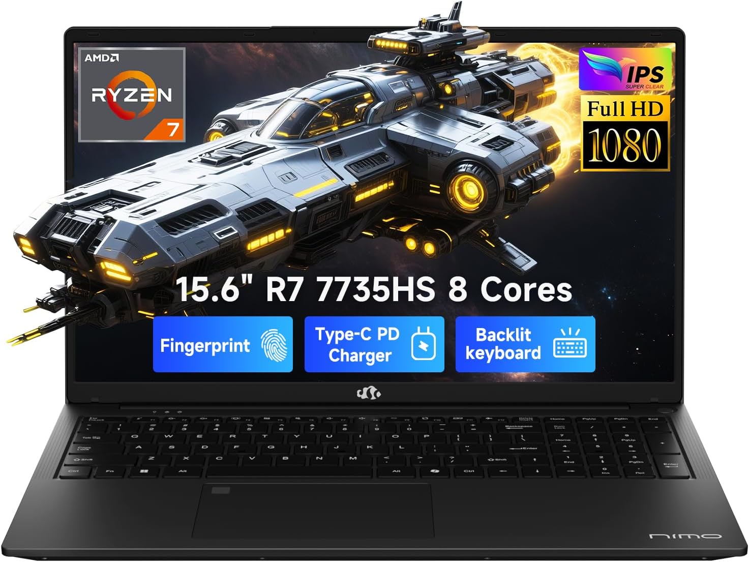 NIMO 15.6' IPS FHD Gaming-Laptop, AMD 8 Core Ryzen 7 7735HS 16GB DDR5 RAM 512GB SSD (Beats i7-12650H, Up to 4.75GHz) Computer with Radeon 680M 100W Type-C Backlit Keyboard Fingerprint