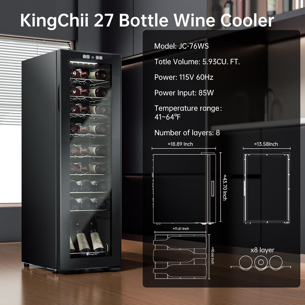 KingChii 27 Bottle Wine Cooler Refrigerator Freestanding Wine Fridge - Intelligent Digital Control, Low Noise Professional Compressor, Tempered Glass for Home, Office, or Kitchen
