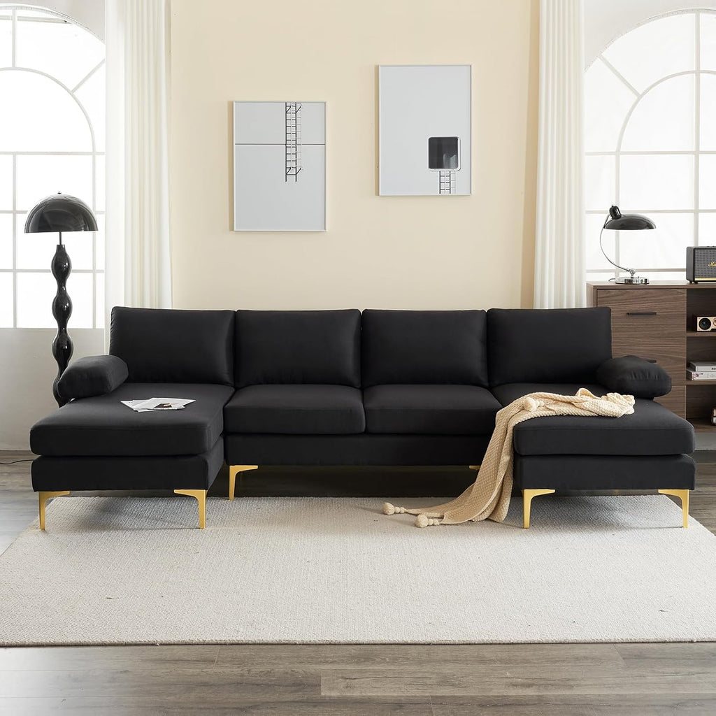 Karl home Convertible Sectional Sofa 110' U-Shape Sofa Couch 4-Seat Couch with Chaise Fabric Upholstered for Living Room, Apartment, Office, Black