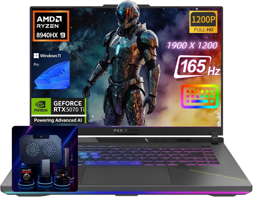 ASUS ROG Strix-G16 Gaming Laptop - 16' 165Hz FHD+, NVIDIA GeForce RTX 5070 Ti, AMD Ryzen 9 8940HX (up to 5.2 GHz), Win11 Pro, Backlit KB, Wi-Fi 6E, w/Accessoires (64GB DDR5 RAM, 8TB SSD)