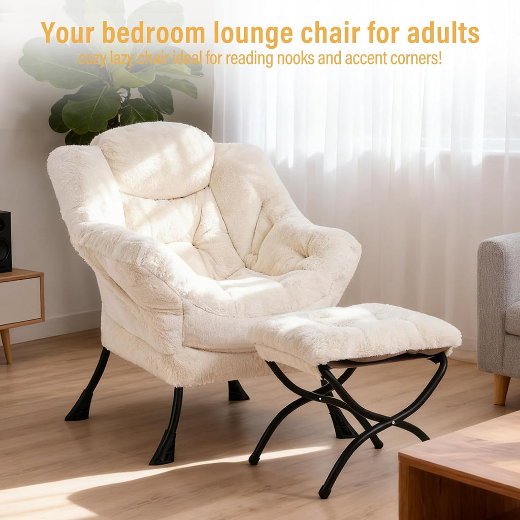 Furlide Lazy Chair with Ottoman, Modern Accent Chair with Armrests and a Side Pocket, Plush Beige Accent Chairs, Reading Chairs, Oversized Armchairs for Bedroom, Study, Living Room, Courtyard